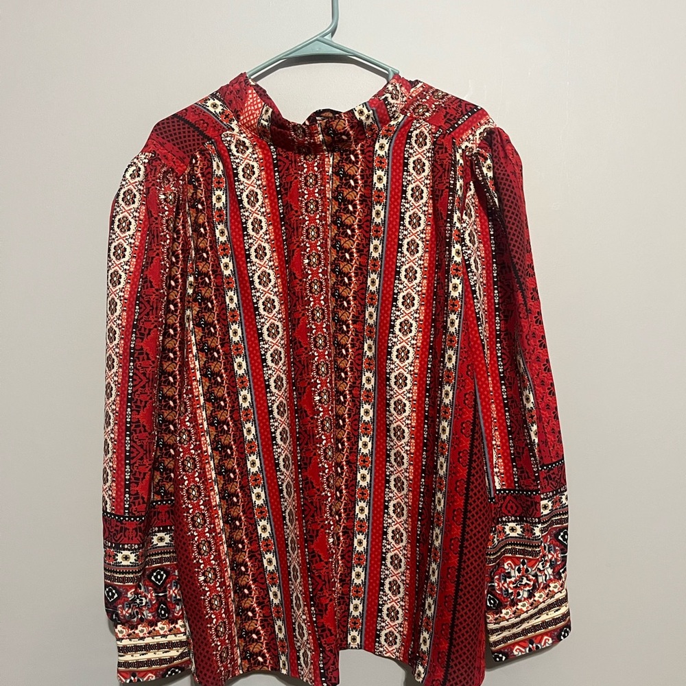Red Patterned Long Sleeve Blouse